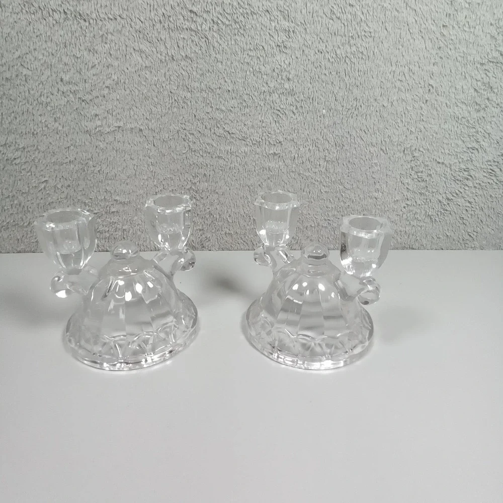 Vintage Clear Pressed Glass Double Arm Taper Candle Holder Set of 2 Ribbed‎ Base